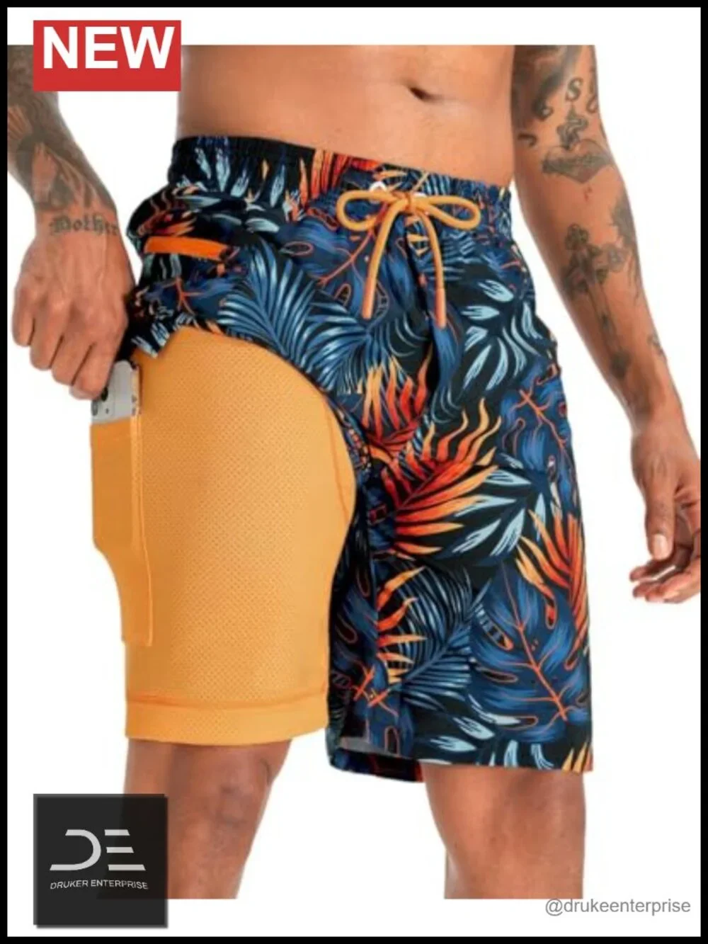 Men's 2 in 1 Swim Trunks with Zipper Pockets Built-in Compression Liner Quick